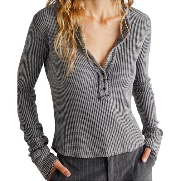 Free People Colt Thermal Top Waffle Knit Henley V Neck Relaxed Gray Small - Picture 1 of 4